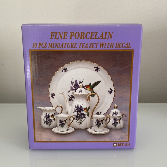 Fine Porcelain 9 Pcs Purple Floral Miniature Tea Set With Decal - Picture 4 of 6